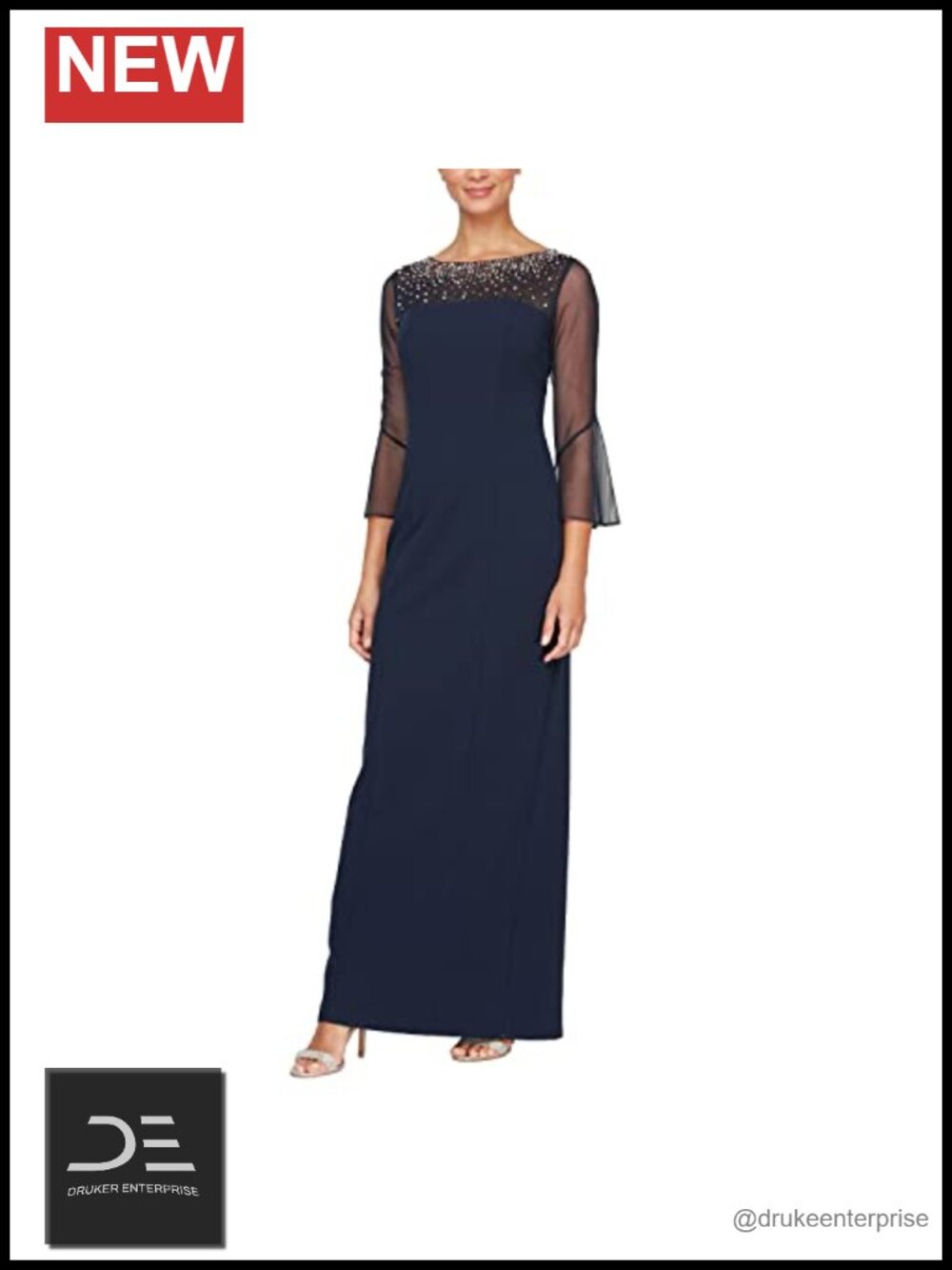 Long Shift Dress with Illusion Neckline Crystal Bell Sleeves Formal